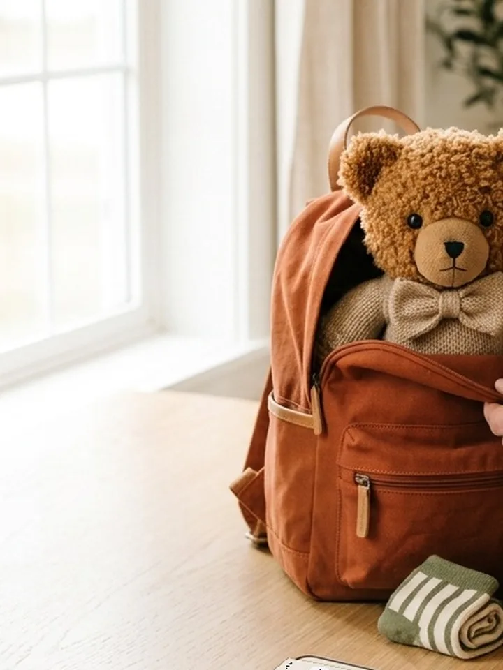 A kitchen table by the window: a small terracotta backpack with the family teddy inside, a water bottle, socks and a snack box laid out, and a phone showing the Daycare Bag checklist.