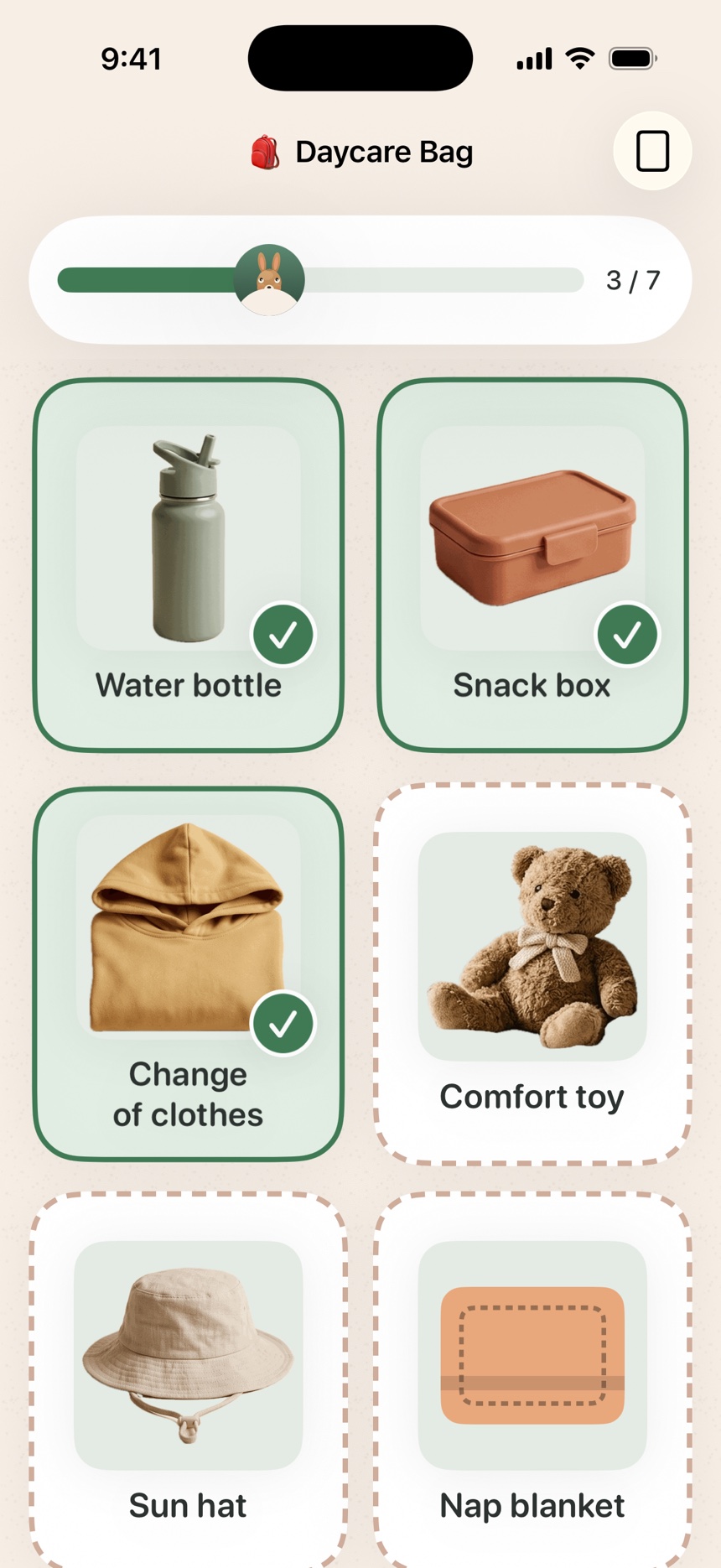 Packlings Kid Mode: a Daycare Bag checklist of big photo cards — water bottle, snack box and change of clothes already packed, 3 of 7 done on Joey’s progress bar.